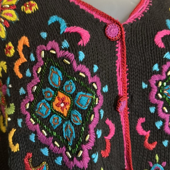 Work in Progress Classics Vintage 1990s Black Floral Knit Cardigan Sweater Large - Picture 8 of 16